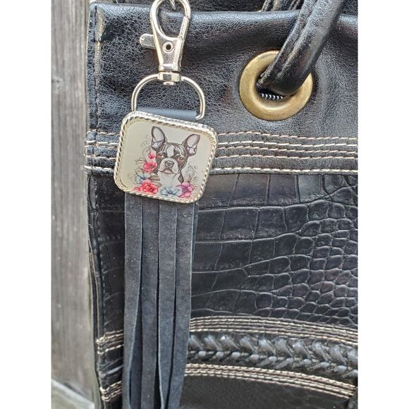 Handmade boho Boston terrier Gift Leather Fringe Western bag charm keychain - Picture 3 of 3